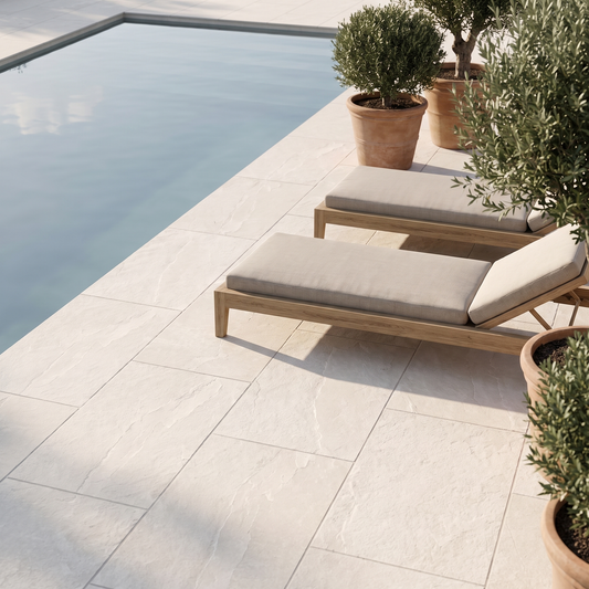 Torino Pearl porcelain paving on a poolside terrace