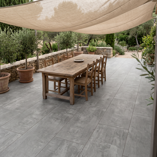 Solid Grey porcelain paving in an outdoor setting