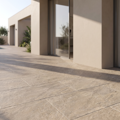 Avio Quarzite Brown porcelain paving in an outdoor setting