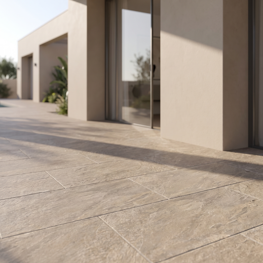 Avio Quarzite Brown porcelain paving in an outdoor setting