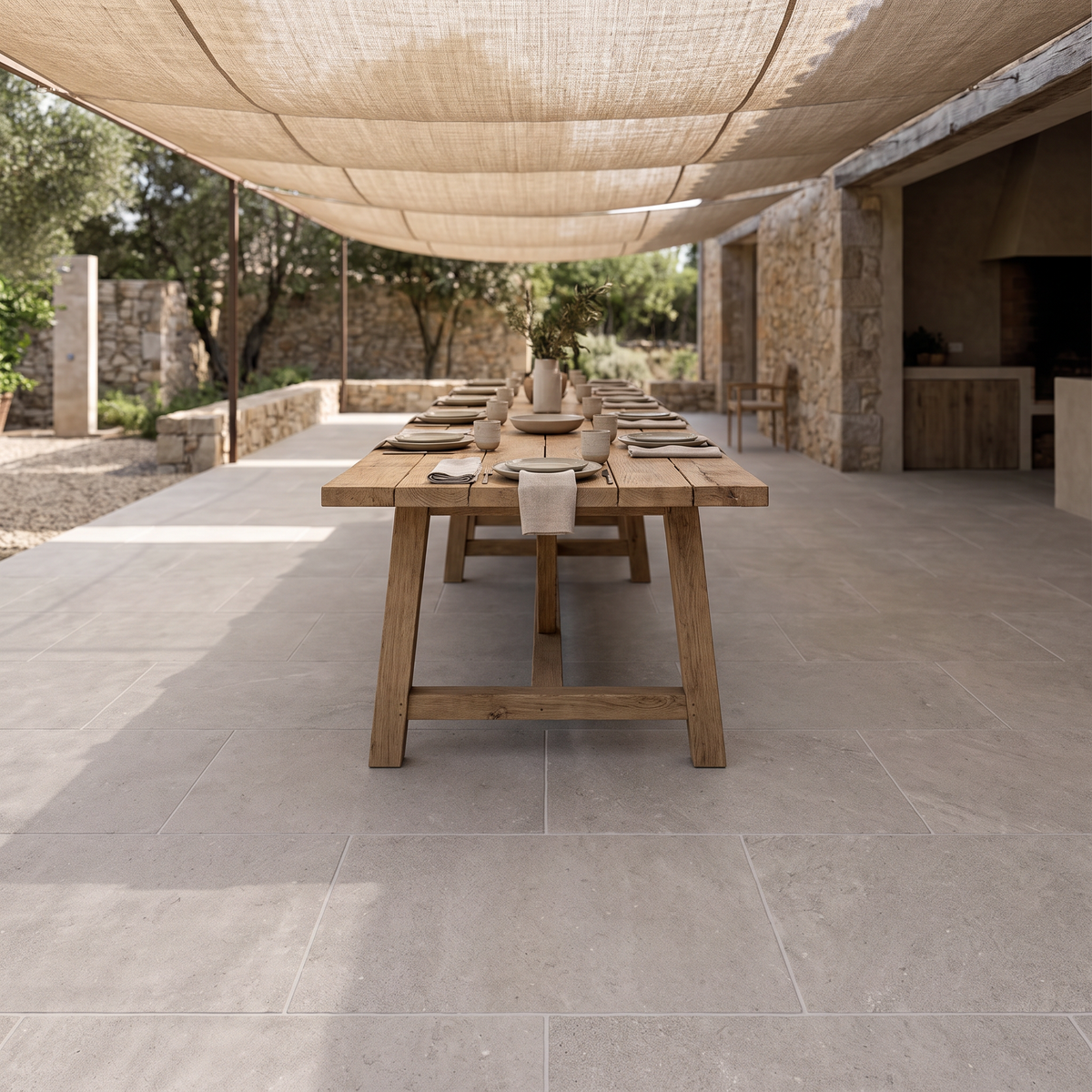 New Pietra Taupe porcelain paving in an outdoor setting
