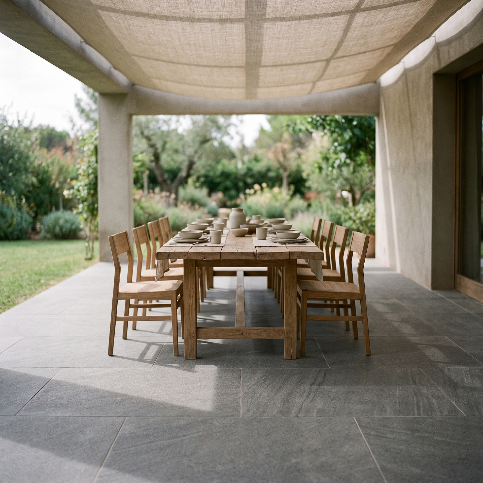 Avio Quarzite Anthracite porcelain paving in an outdoor setting