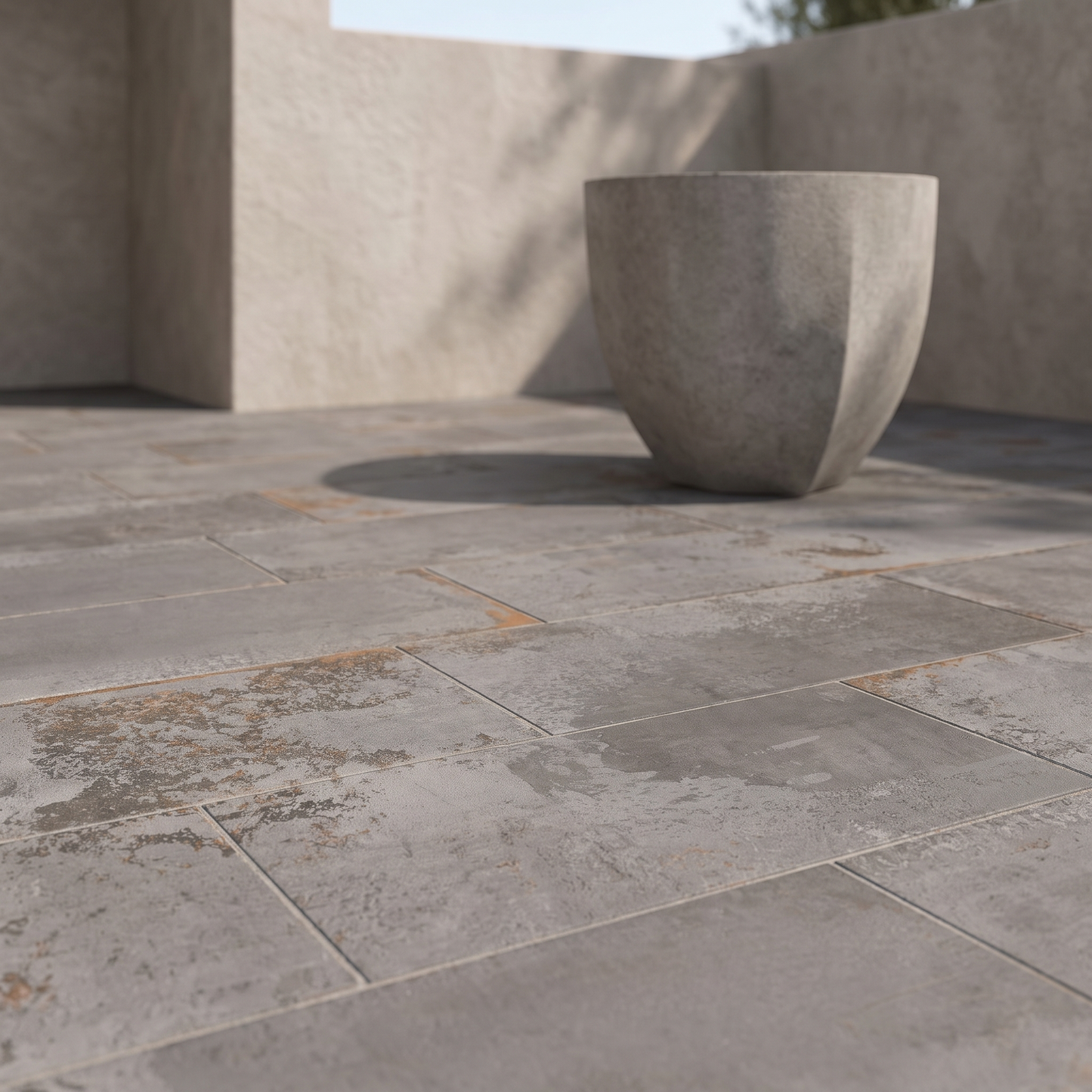 Metallic Iron porcelain paving in an outdoor setting