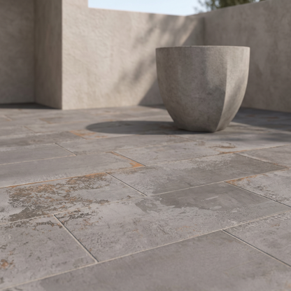 Metallic Iron porcelain paving in an outdoor setting