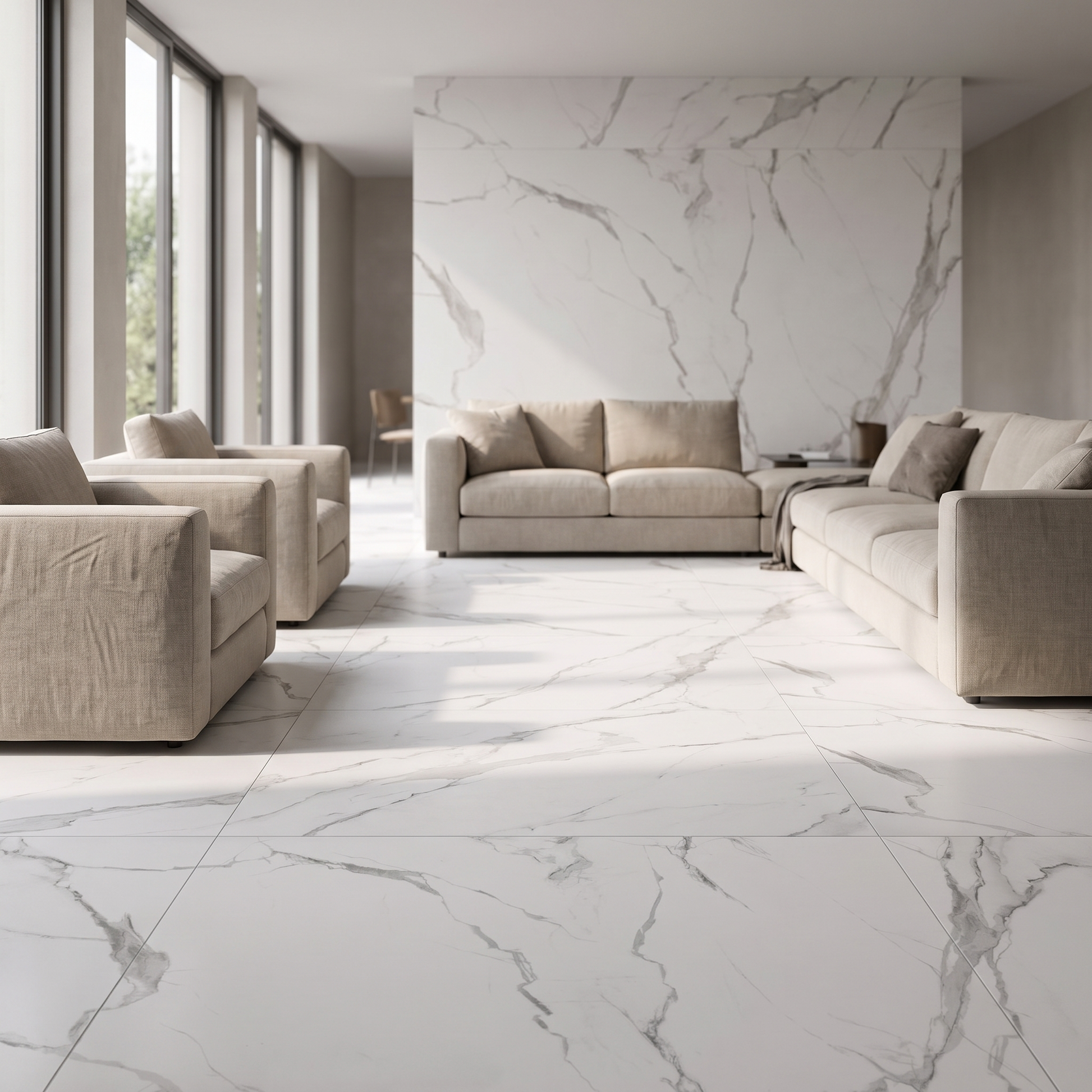 Statuary White porcelain tile in an interior setting