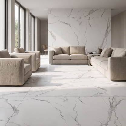 Statuary White porcelain tile in an interior setting