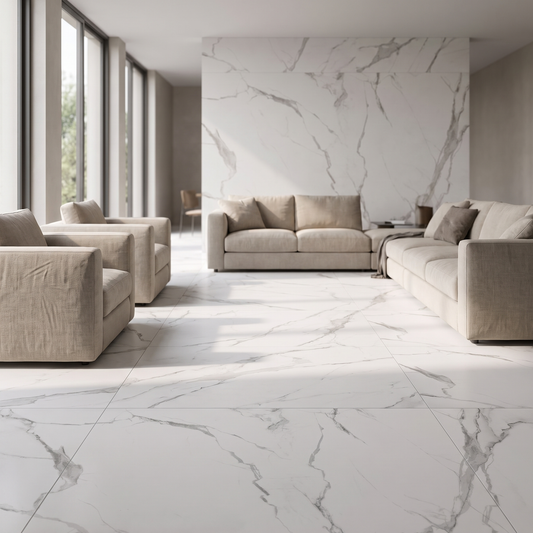 Statuary White porcelain tile in an interior setting
