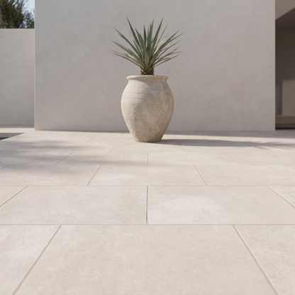 Cemento Ivory porcelain paving in an outdoor setting