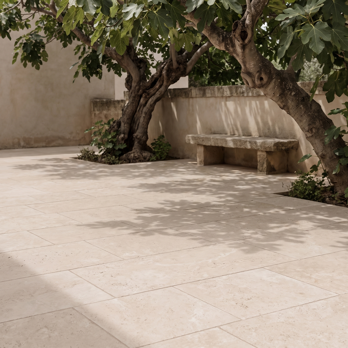 Classic Travertine porcelain paving in an outdoor setting