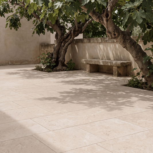 Classic Travertine porcelain paving in an outdoor setting