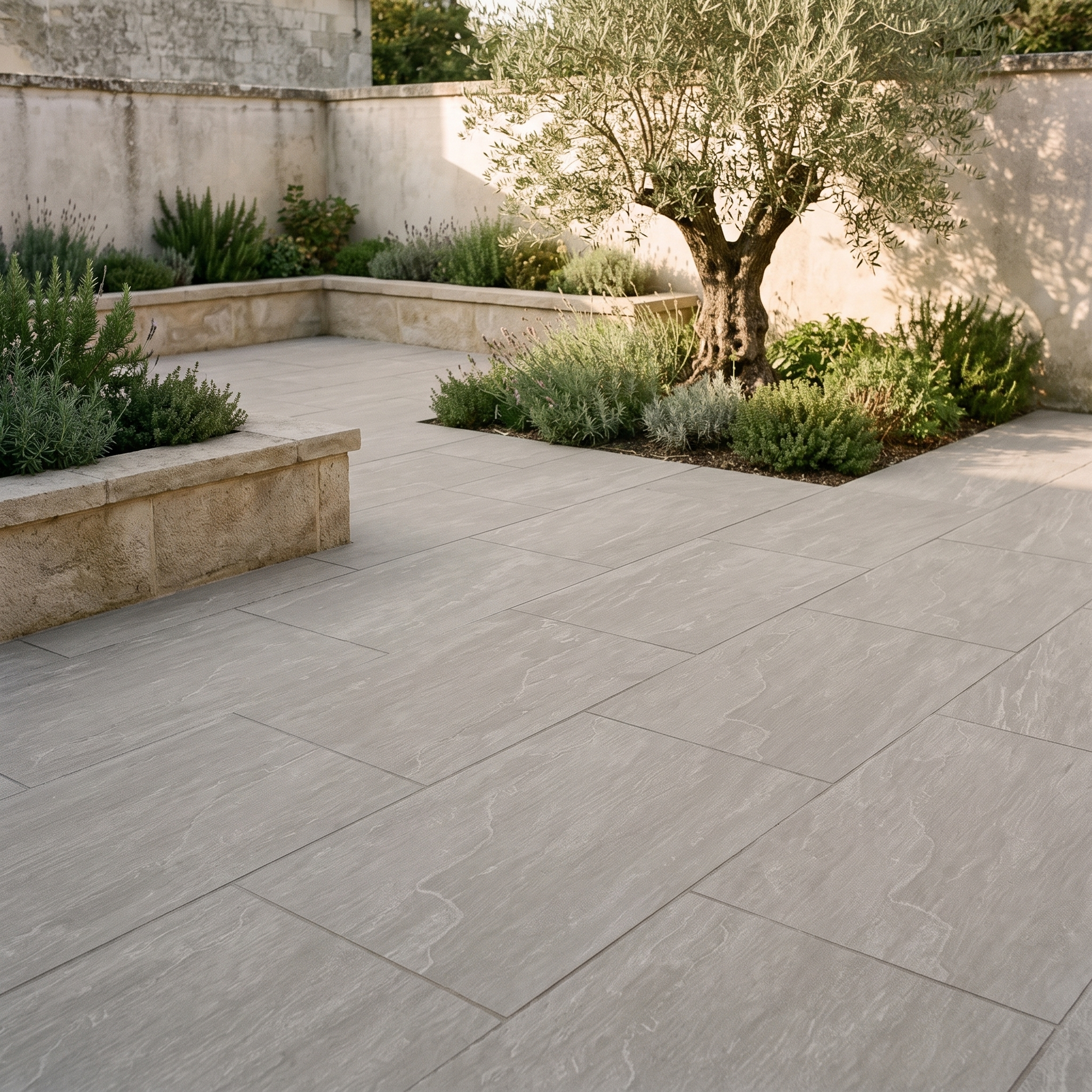 Kandla Grey porcelain paving in an outdoor setting