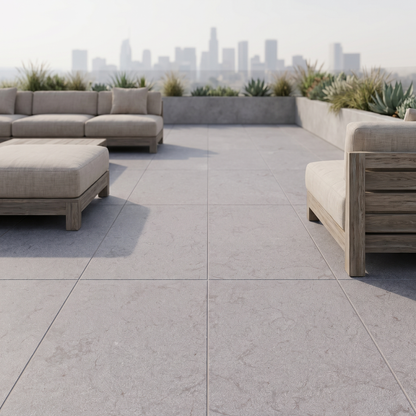 Manarola Sandblasted Taupe porcelain paving in an outdoor setting