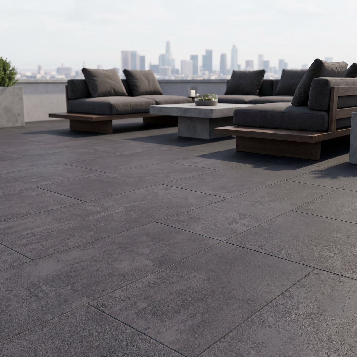 Solid Anthracite porcelain paving in an outdoor setting