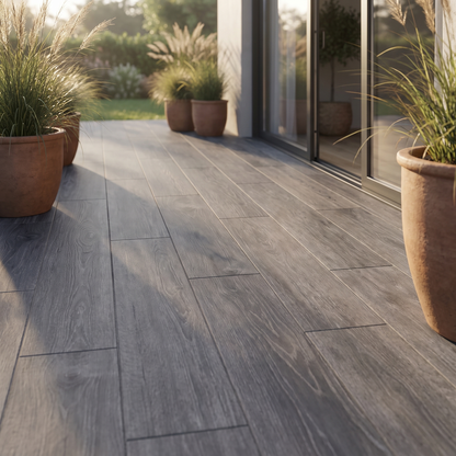Trendwood Anthracite porcelain paving in an outdoor setting
