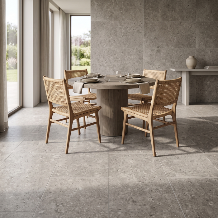 Pewter Travertine porcelain tile in an interior setting
