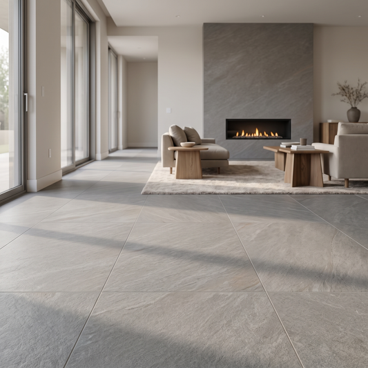 Neo Quarzite Grey porcelain tile in an interior setting