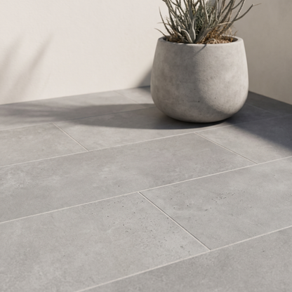 Cemento Grey porcelain paving in an outdoor setting
