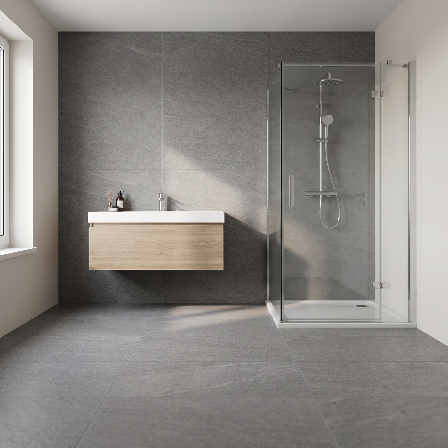 Avio Quarzite Anthracite porcelain tile in an interior setting
