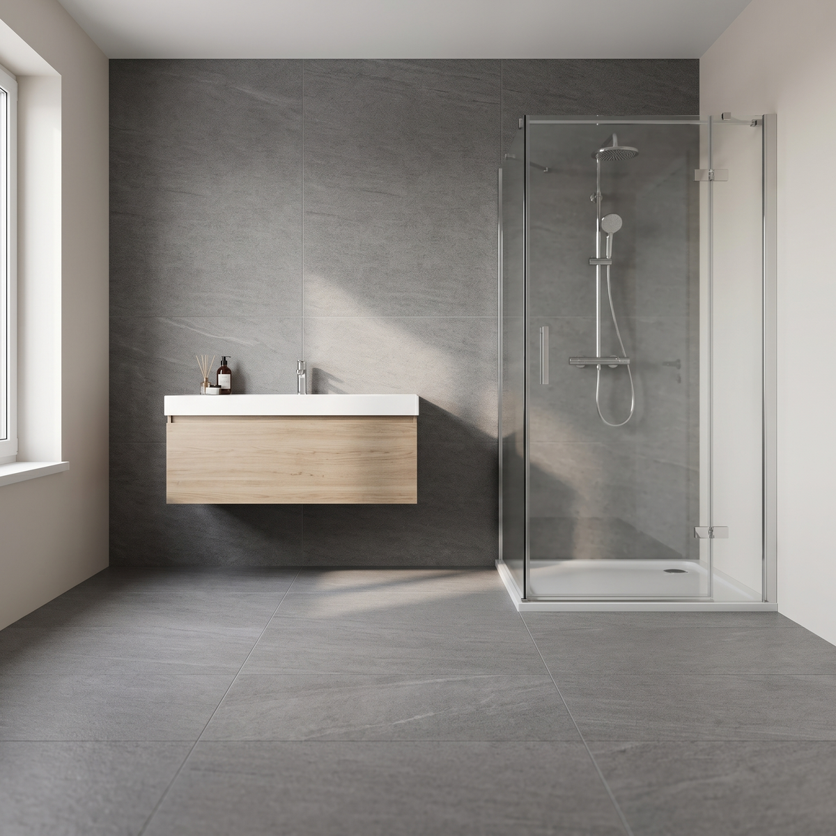 Avio Quarzite Anthracite porcelain tile in an interior setting