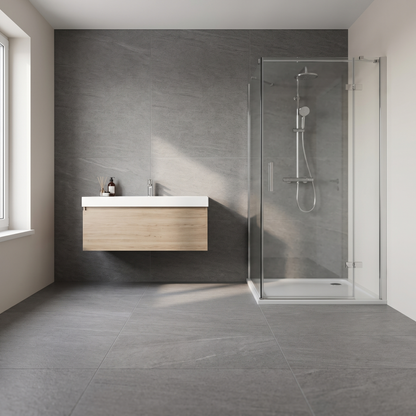 Avio Quarzite Anthracite porcelain tile in an interior setting