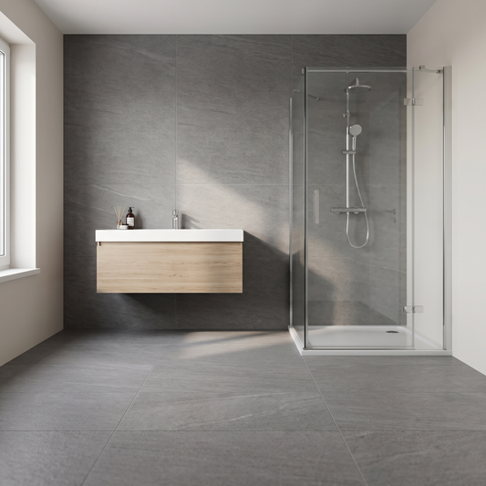 Avio Quarzite Anthracite porcelain tile in an interior setting