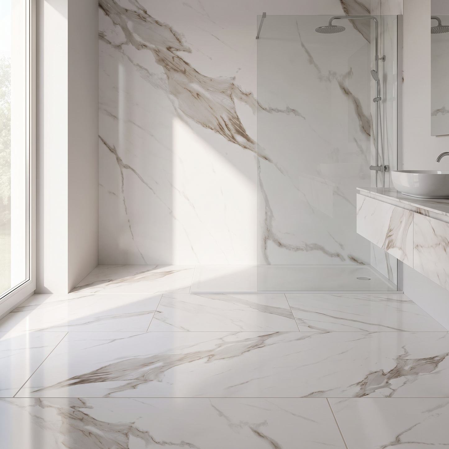 Satvario Calacatta porcelain tile in an interior setting