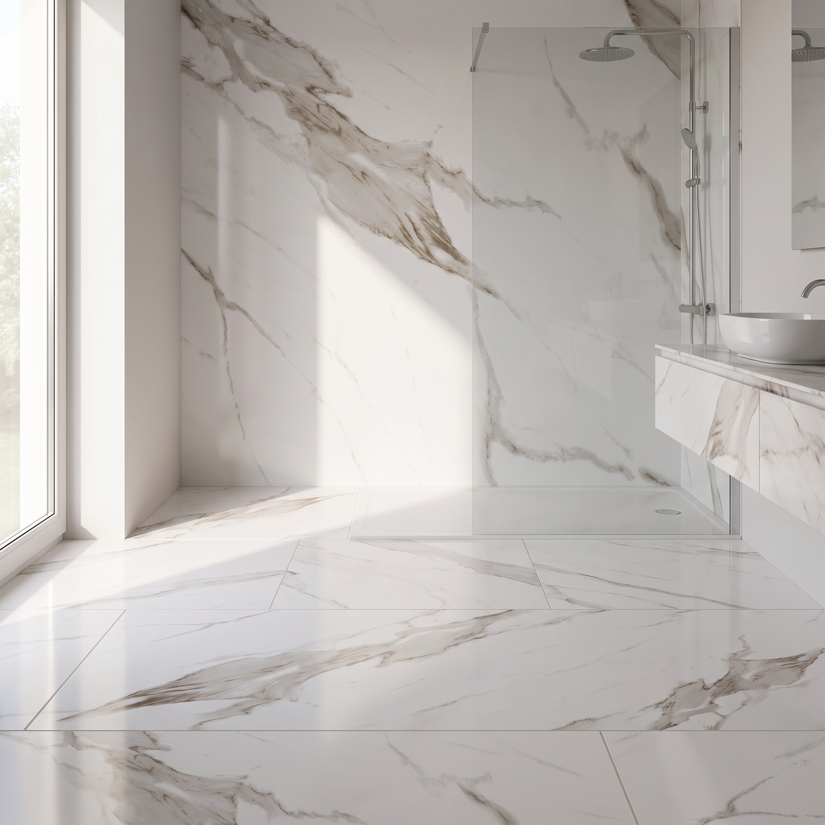 Satvario Calacatta porcelain tile in an interior setting