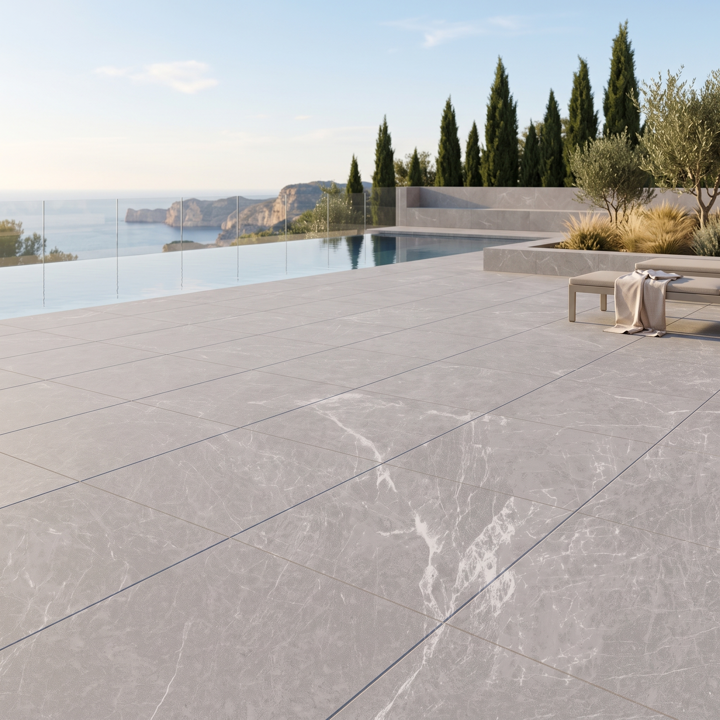 Patara Grey porcelain paving in an outdoor setting