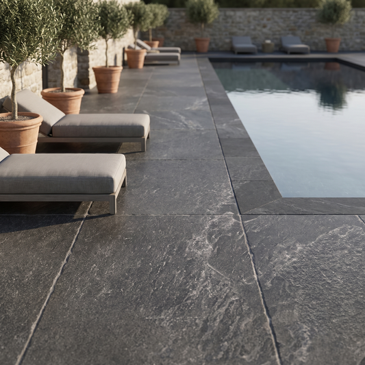 Mustang Black porcelain paving in an outdoor setting