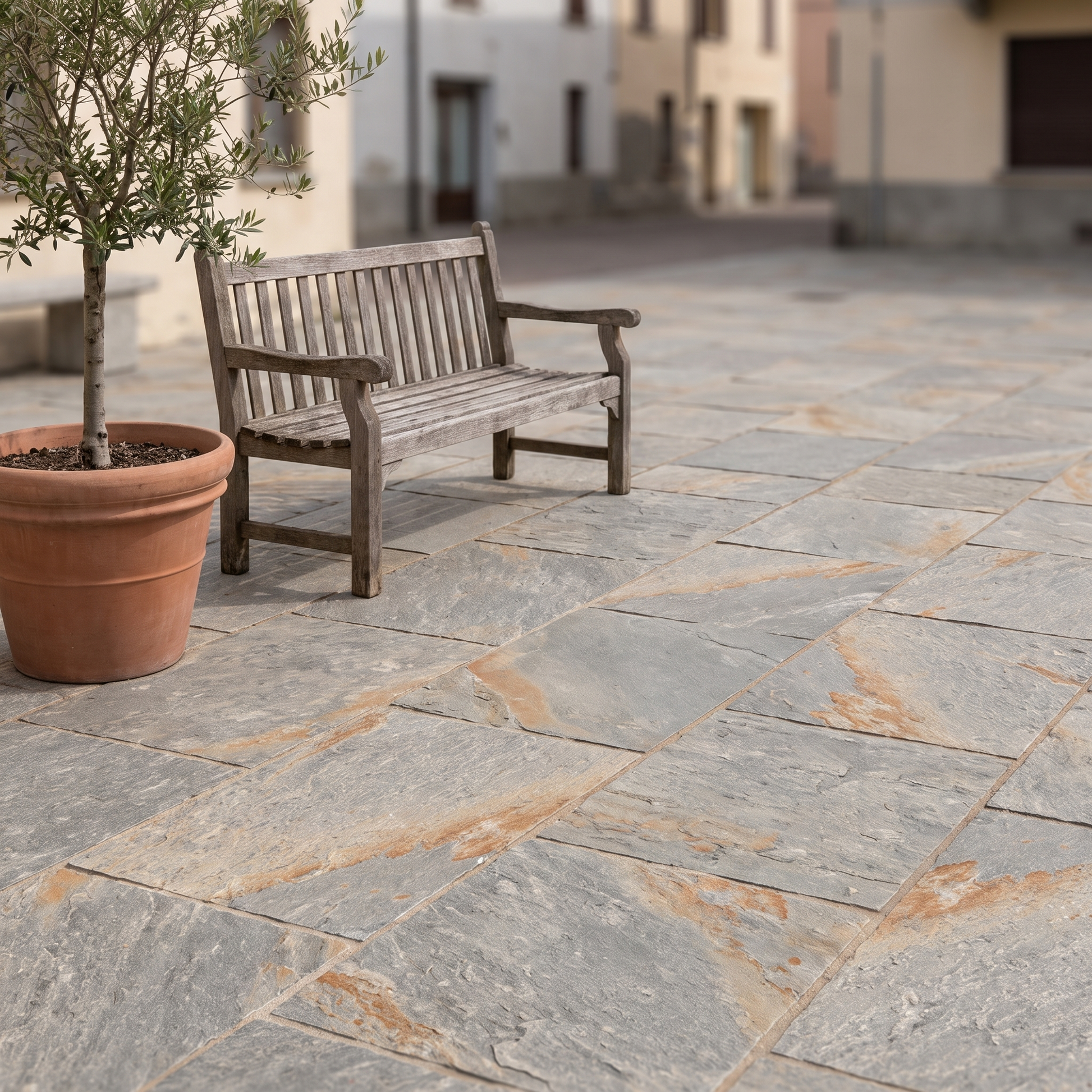 Cobble Modular Elegante Brown porcelain paving in an outdoor setting