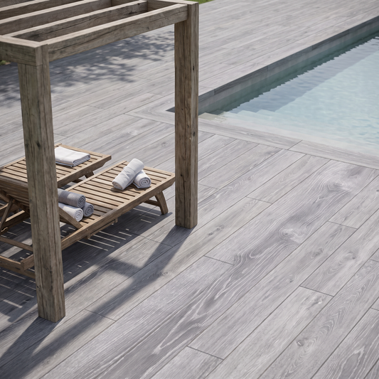 Trendwood Grey porcelain paving in an outdoor setting