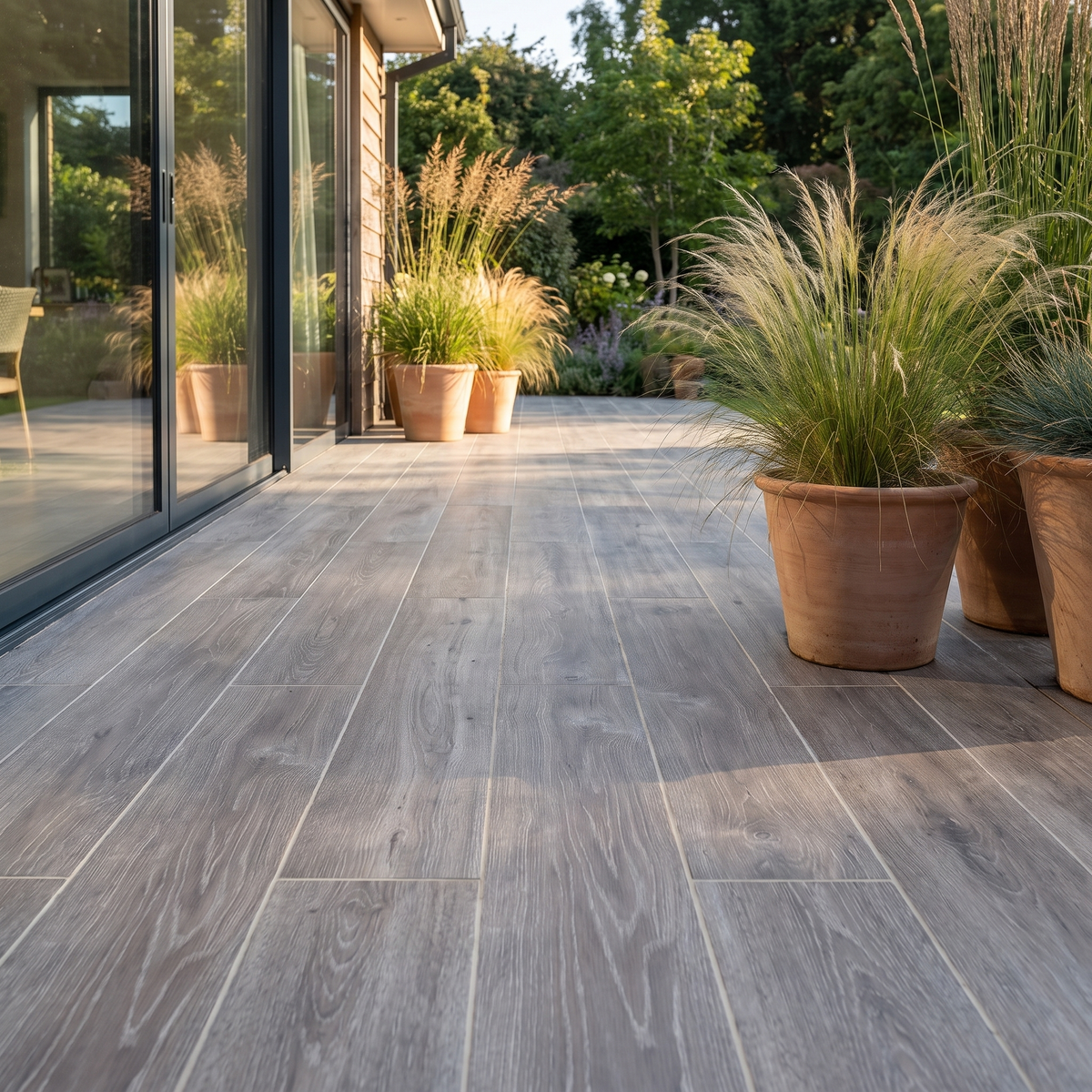 Trendwood Taupe porcelain paving in an outdoor setting