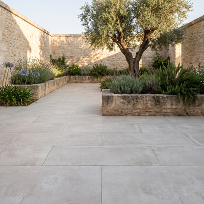 Solid White porcelain paving in an outdoor setting