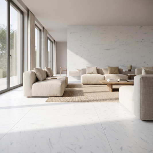 Carrara porcelain tile in an interior setting