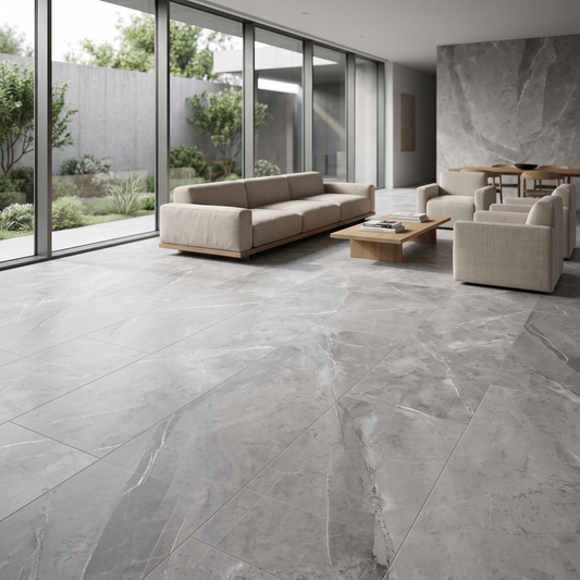 Urla Grey porcelain tile in an interior setting