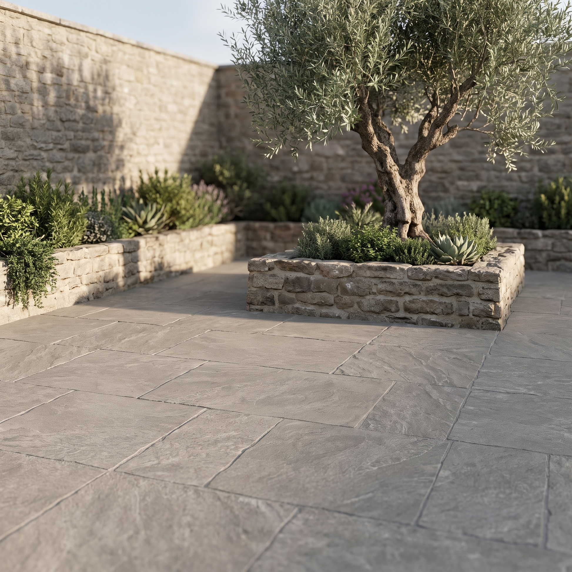 Avio Quarzite Grey porcelain paving in an outdoor setting
