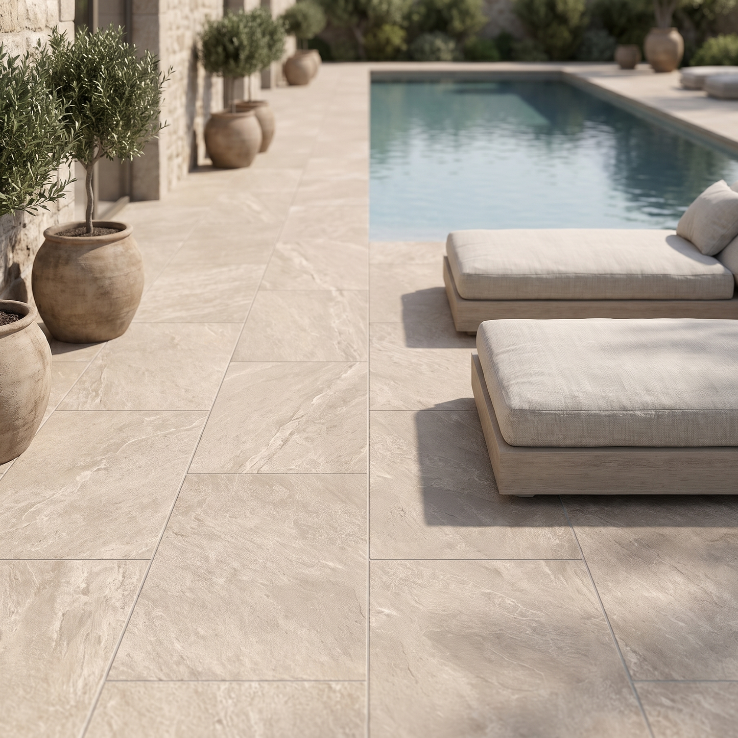 Avio Quarzite Cream porcelain paving in an outdoor setting