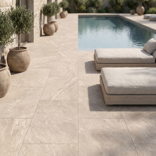 Avio Quarzite Cream porcelain paving in an outdoor setting