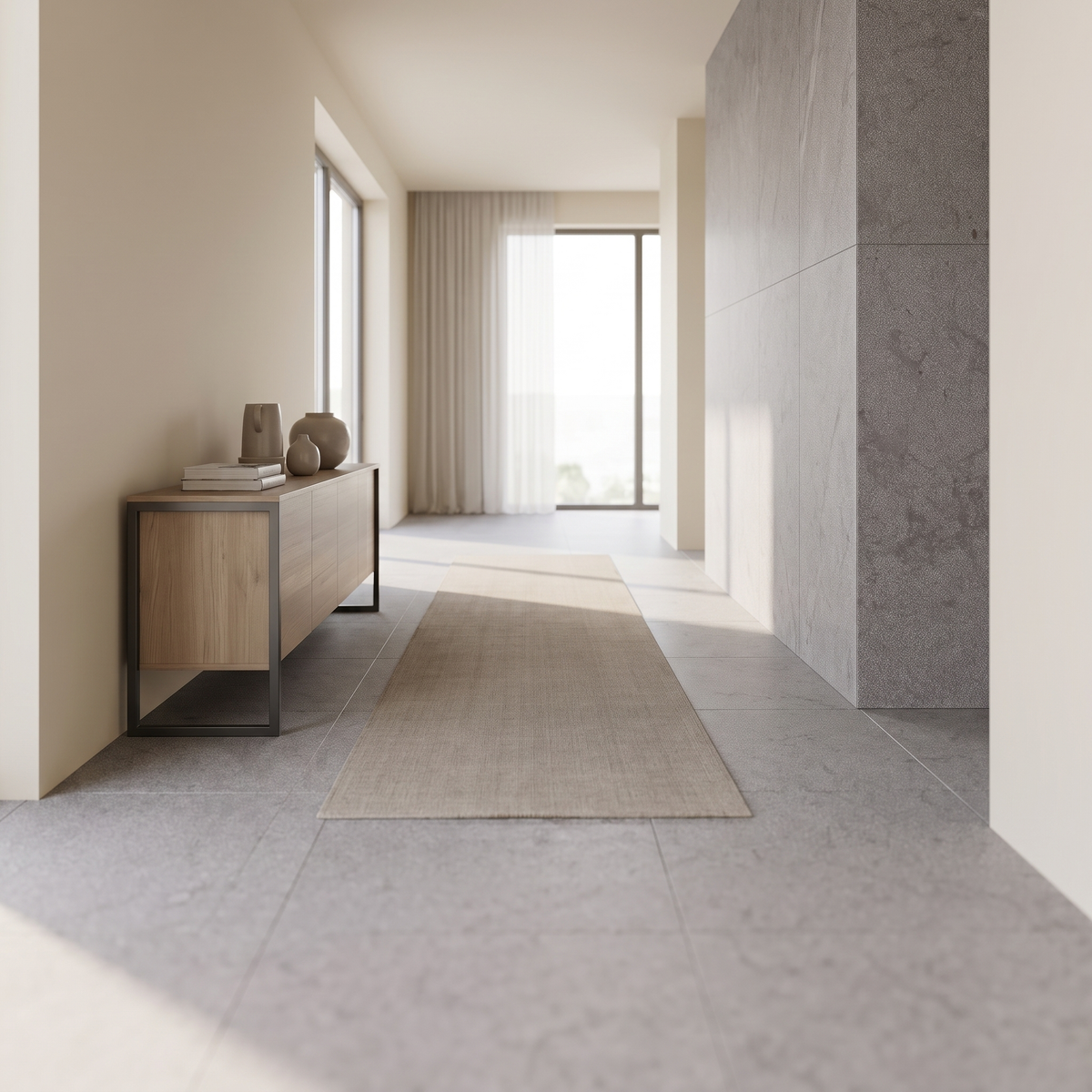 Manarola Sandblasted Taupe porcelain tile in an interior setting