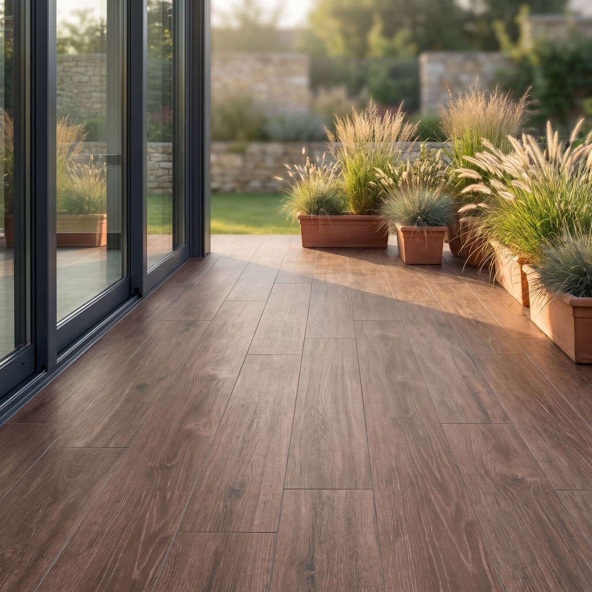 Trendwood Mocha porcelain paving in an outdoor setting