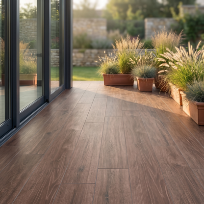 Trendwood Mocha porcelain paving in an outdoor setting