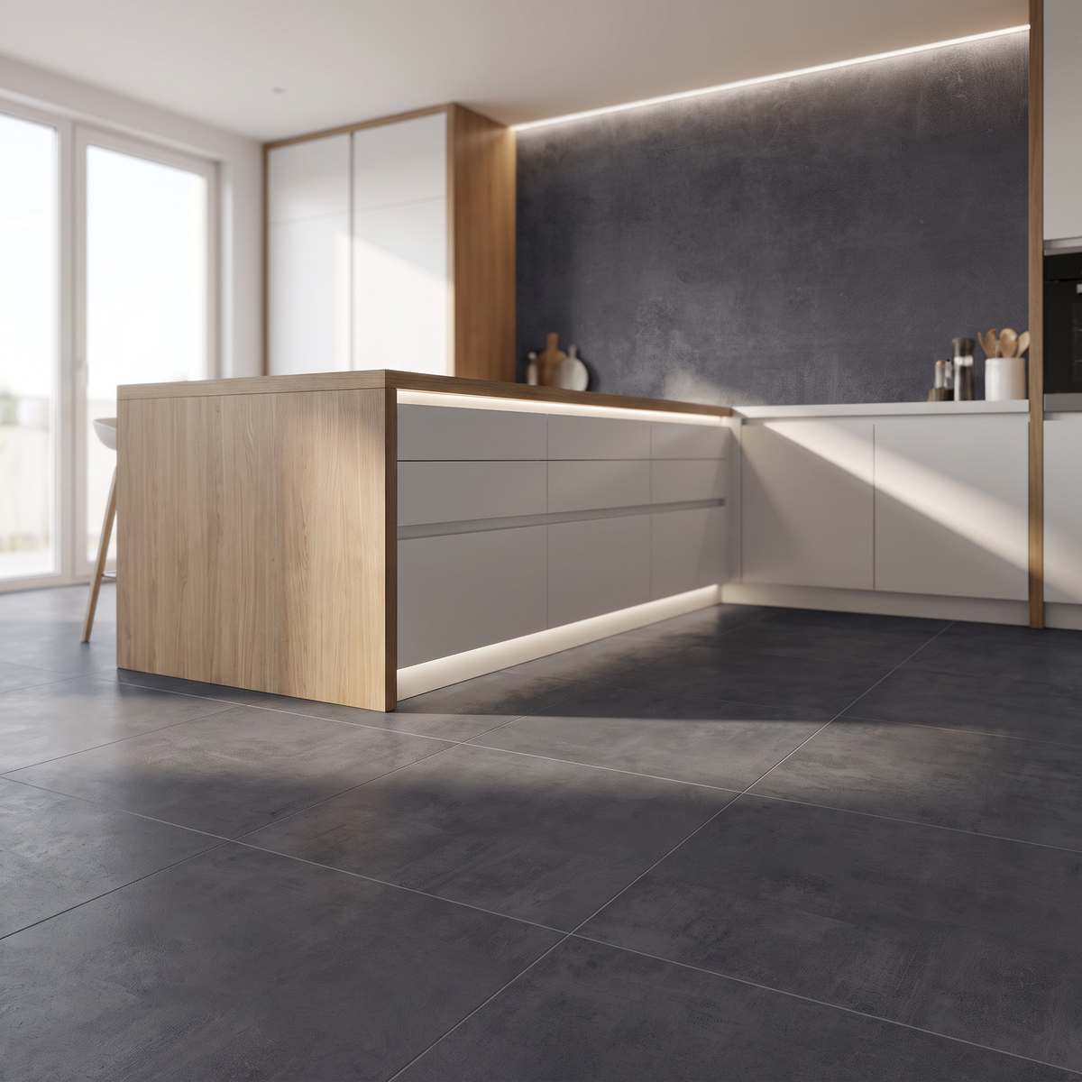 Solid Anthracite porcelain tile in an interior setting