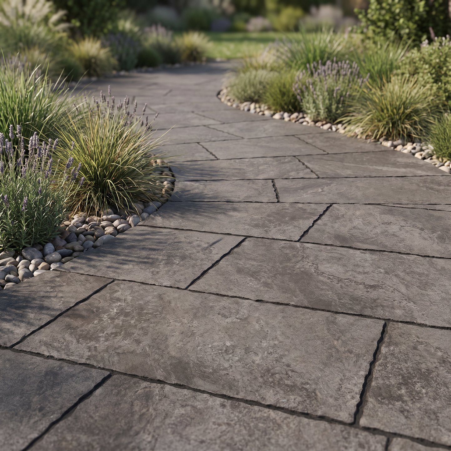 Cobble Modular Jupiter Black porcelain paving in an outdoor setting
