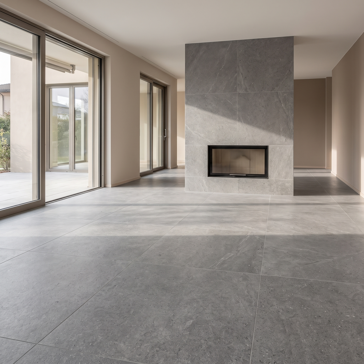 New Pietra Grey porcelain tile in an interior setting