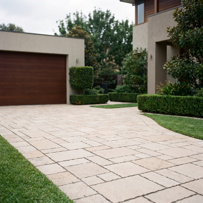 Cobble Modular Cenere Ivory porcelain paving in an outdoor setting