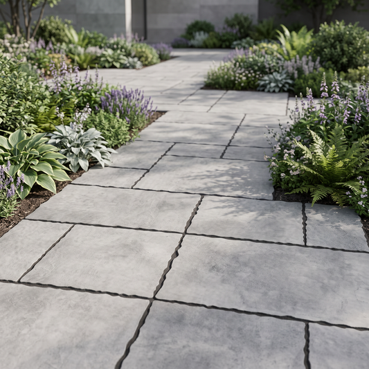 Cobble Modular Columbia Grey porcelain paving in an outdoor setting