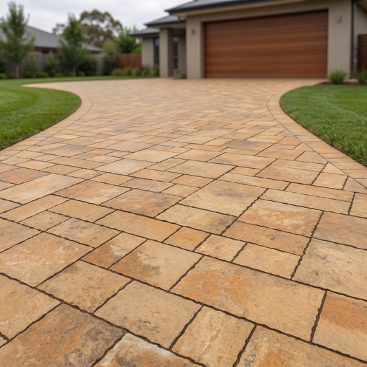 Cobble Modular Metastone Amber porcelain paving in an outdoor setting
