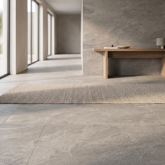 Avio Quarzite Grey porcelain tile in an interior setting