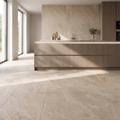 Avio Quarzite Cream porcelain tile in an interior setting