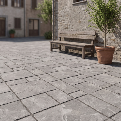 Cobble Modular Derma Grey porcelain paving in an outdoor setting